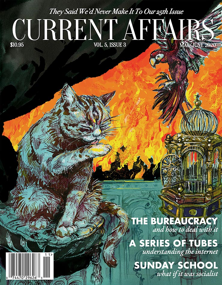 Magazine cover featuring a cat licking himself in a dystopia