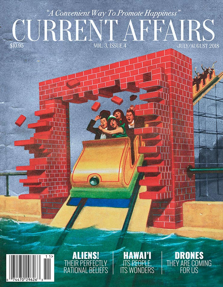 Magazine cover featuring a roller coaster of elites smashing through a brick wall