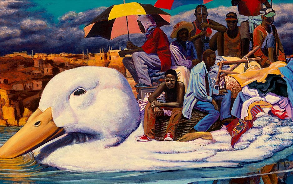 Illustration of people riding a giant duck