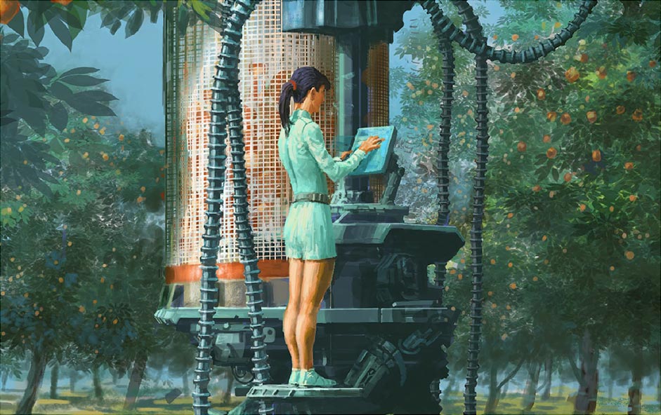 Illustration of a robot picking fruit