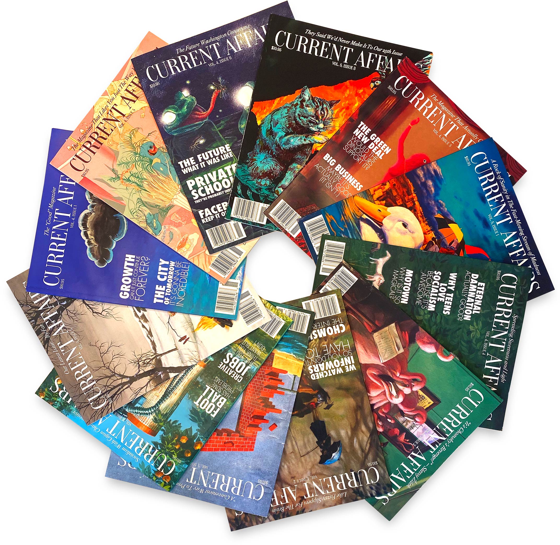 Pile of magazine issues laid out in a circle